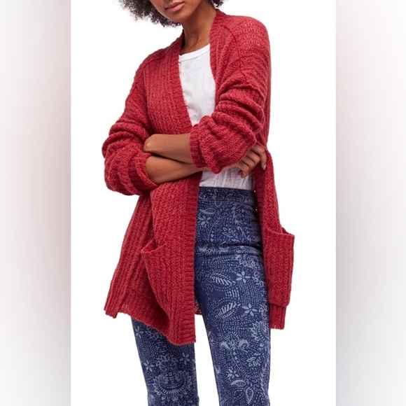 Free People Weekend Getaway Open Front Cardigan in Red Size Medium - Picture 1 of 10